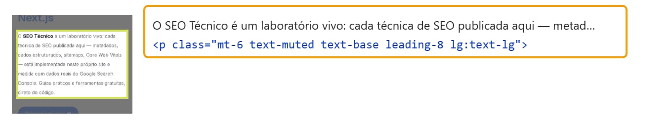 Insight Detalhamento da LCP no PageSpeed Insights identificando o elemento LCP da home do seotecnico.dev.br: um parágrafo de texto, com o seletor destacado por uma caixa laranja